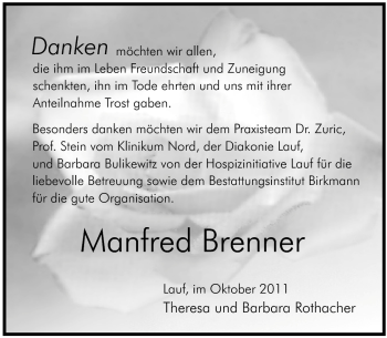 Traueranzeige von Manfred Brenner von Pegnitz-Zeitung